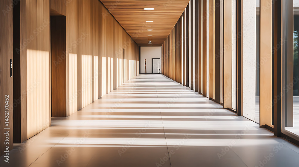 Fototapeta premium A long hallway with wooden walls and a white floor