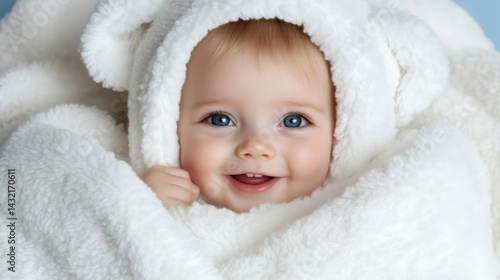 Wallpaper Mural Adorable baby girl wrapped in a soft white blanket, smiling happily Torontodigital.ca