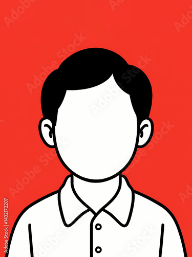 Minimalist vector illustration of a faceless boy with black hair, wearing a collared shirt on a bold red background. Simple, modern, and clean flat design.