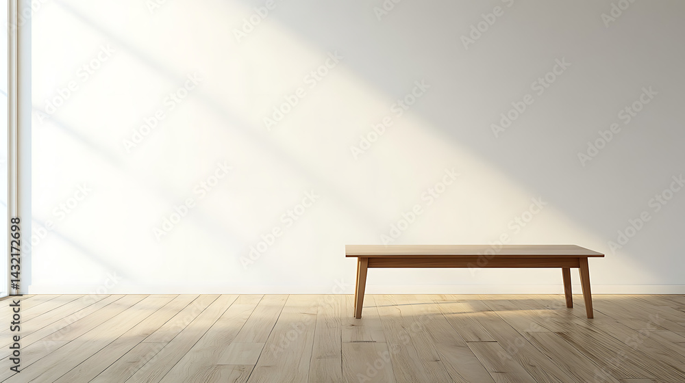 A wooden bench sits in a large, empty room with a white wall A wooden bench sits in a large, empty room with a white wall
