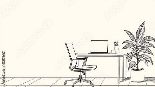 A white background with a desk and a chair