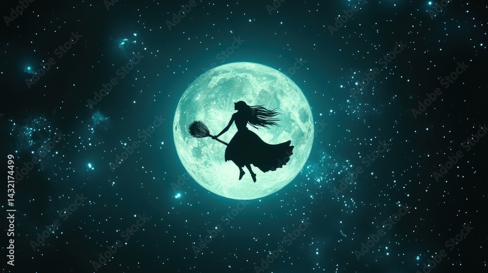 Fototapeta premium A silhouette of a witch flying through the night sky.