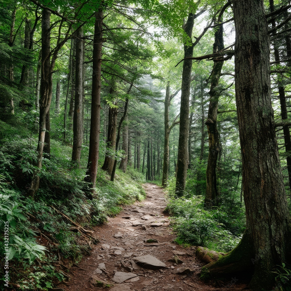Serene Pathway Through Lush Green Forest Surrounded by Tall Trees and Vibrant Plant Life, Offering Tranquility and Connection with Nature in a Scenic Wilderness Setting Serene Pathway Through Lush Green Forest Surrounded by Tall Trees and Vibrant Plant Life, Offering Tranquility and Connection with Nature in a Scenic Wilderness Setting