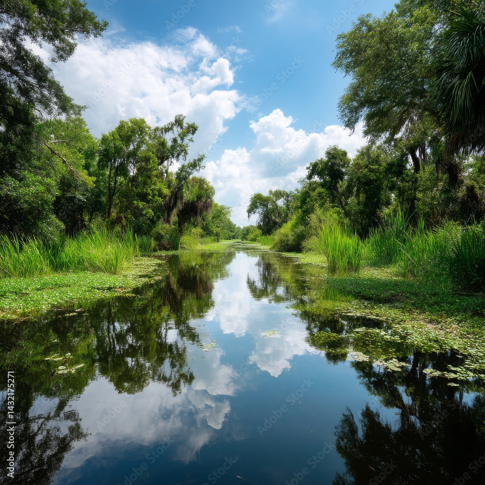 Serene Reflection in Lush Green Wetlands Under a Blue Sky with Fluffy Clouds and Tranquil Waters, Capturing Nature's Peaceful Essence at Golden Hour Serene Reflection in Lush Green Wetlands Under a Blue Sky with Fluffy Clouds and Tranquil Waters, Capturing Nature's Peaceful Essence at Golden Hour