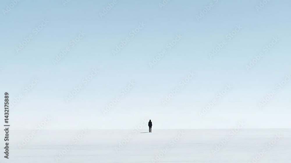Fototapeta premium A person stands alone in a vast, snow-covered field