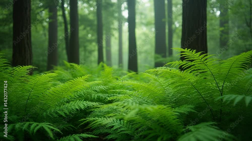 Lush Green Ferns in Mystical Forest of Tall Trees and Mist Lush Green Ferns in Mystical Forest of Tall Trees and Mist