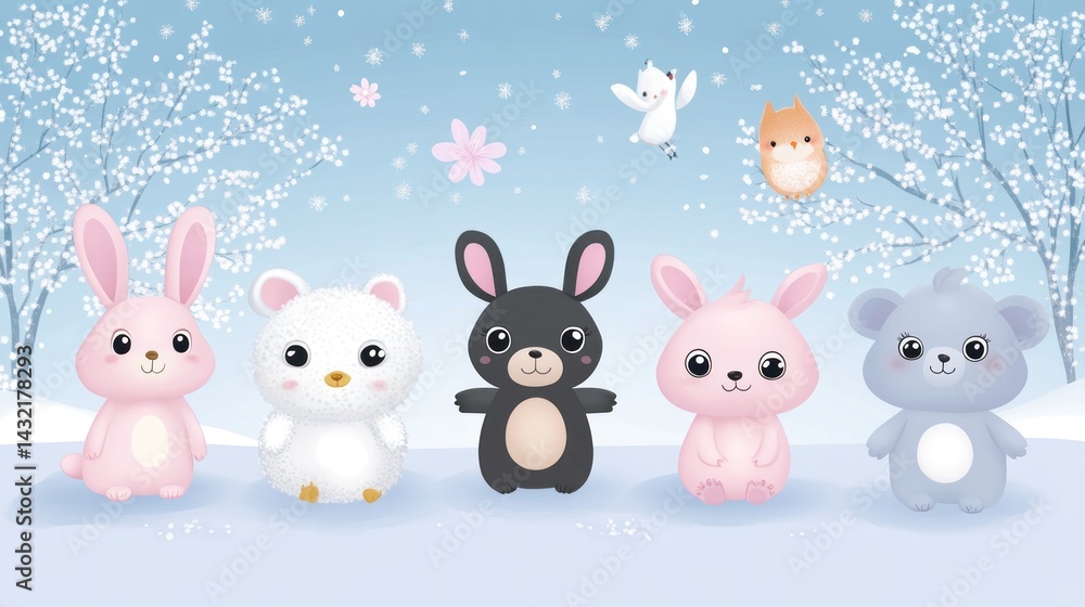 Fototapeta premium Cute winter animals in a snowy landscape.