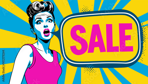 Sale. Bright poster in pop art retro comic style. Young beautiful woman in great amazement and speech bubble with word sale