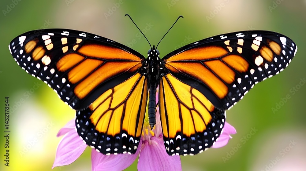 Fototapeta premium Vibrant Monarch Butterfly on Pink Flower Detailed Closeup