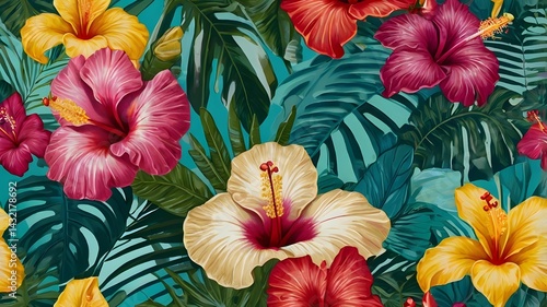 Colorful Tropical Flowers with Leaves