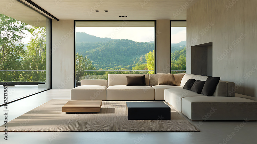 Fototapeta premium A large living room with a white couch and a black coffee table
