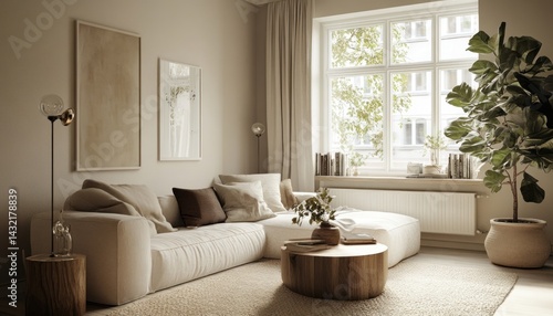 Cozy minimalist living room with beige walls, light sofa, and fiddle leaf fig 3. Generative AI