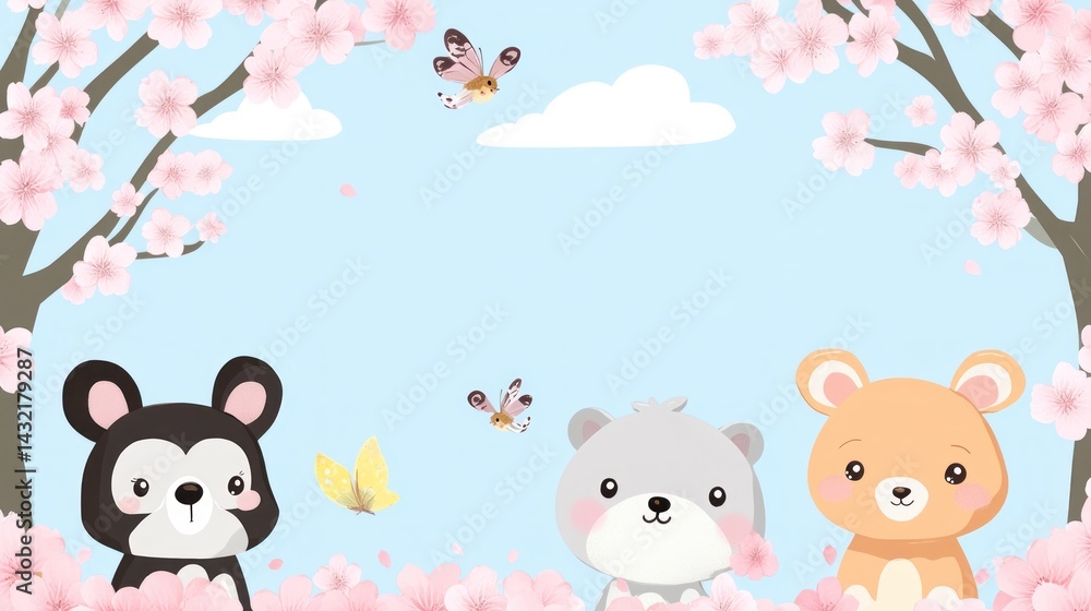 Fototapeta premium Cute bears and butterflies beneath blossoming cherry trees.