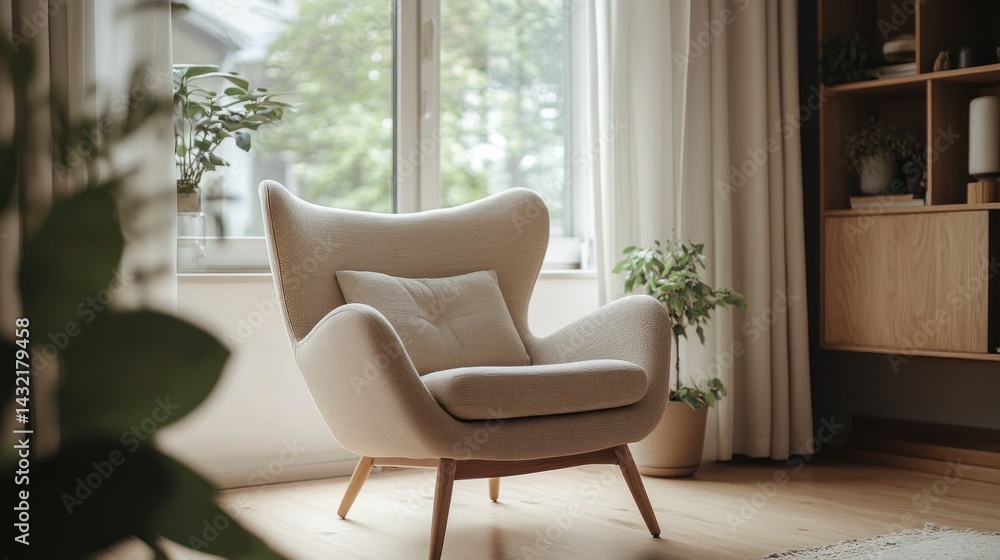 Fototapeta premium Serene Living Room with Cozy Armchair near Window