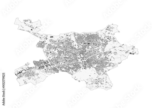 Detailed black and white building map of Tirana, Albania. Perfect for urban planning, architectural projects, and city navigation guides