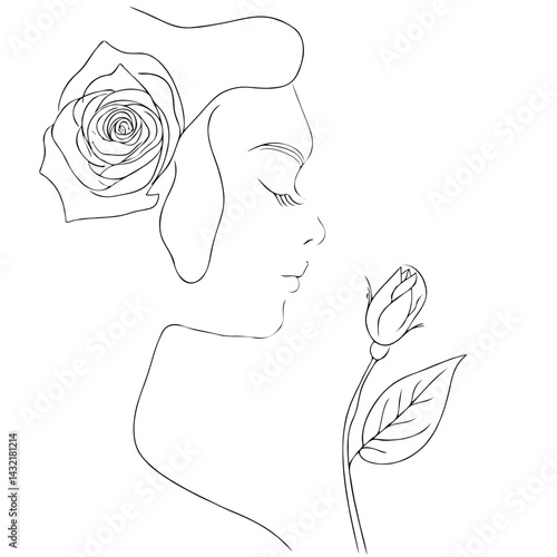 Woman's silhouette with a rose in a minimalist style, line art, copy space