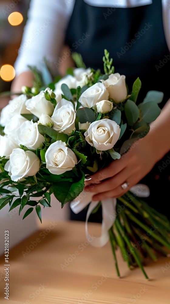 Elegant white rose wedding bouquet with fresh eucalyptus greenery held by bride wearing black, tied with silk ribbon. Close-up view highlights delicate floral details.