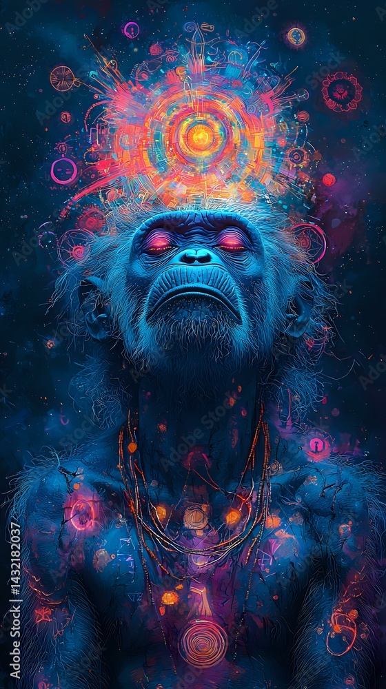 Mystical primate with cosmic energy emanating from head against dark background, featuring vibrant neon colors and spiritual symbols in pink and orange tones.