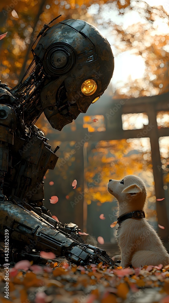 Fototapeta premium Futuristic robot meets small white puppy in autumn forest setting with falling leaves and golden bokeh lighting, creating emotional connection between artificial and natural.