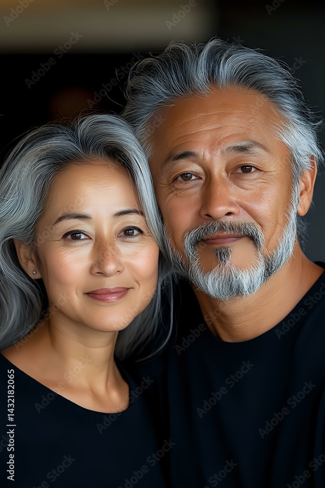 Mature Asian couple with silver hair wearing black, close-up portrait showing genuine smiles and natural aging. Wellness and relationship concept for senior lifestyle marketing.
