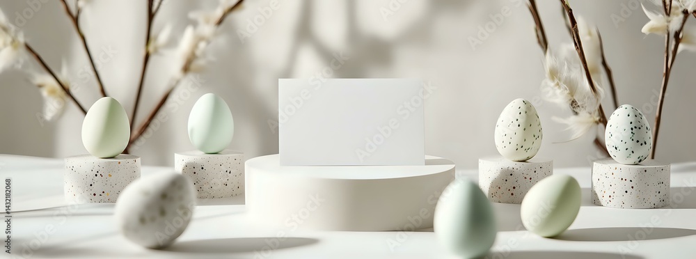 Minimal Easter composition with decorated eggs in mint and white colors, ceramic podium and blank card mockup on light background with spring branches.