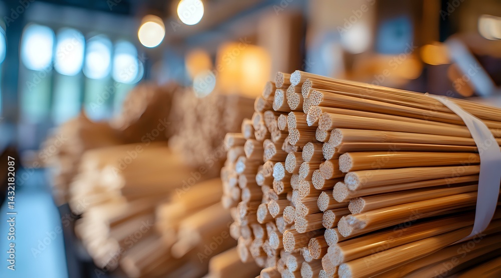 Bundles of wooden chopsticks arranged in rows with soft bokeh background, selective focus on front bundle showing natural bamboo texture and warm lighting.