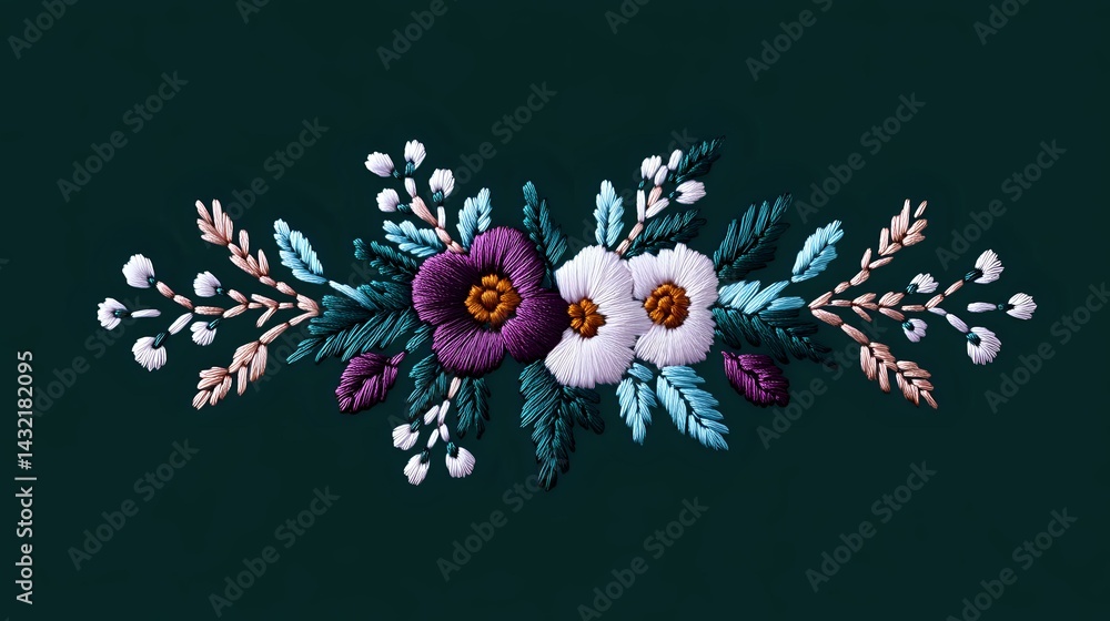 Delicate floral arrangement with white and purple blooms, berries and teal leaves on dark green background, decorative botanical composition for design projects.