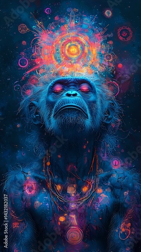 Obraz na płótnie Mystical primate with cosmic energy emanating from head against dark background, featuring vibrant neon colors and spiritual symbols in pink and orange tones. w salonie