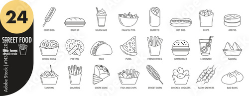 Street food - editable stroke thin line icons set. Pizza, hamburger, hot dog, corn dog, bao buns, arepas, churros, french fries, lemonade, pretzel, chicken nuggets, chips, fish, vector illustration