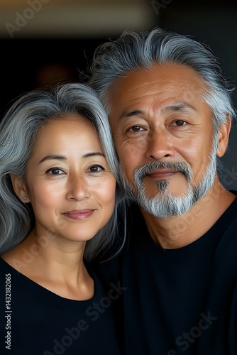 Obraz na płótnie Mature Asian couple with silver hair wearing black, close-up portrait showing genuine smiles and natural aging. Wellness and relationship concept for senior lifestyle marketing. w salonie