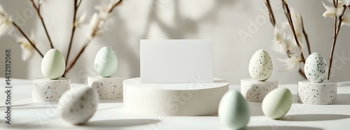 Obraz na płótnie Minimal Easter composition with decorated eggs in mint and white colors, ceramic podium and blank card mockup on light background with spring branches. w salonie