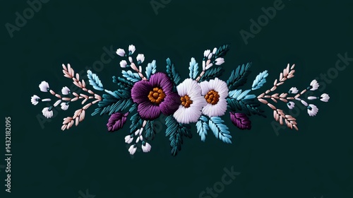 Obraz na płótnie Delicate floral arrangement with white and purple blooms, berries and teal leaves on dark green background, decorative botanical composition for design projects. w salonie