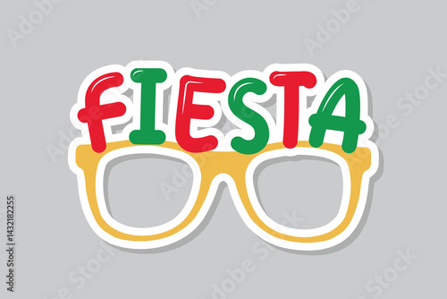 Festive sunglasses with fiesta text, icons, Cinco de Mayo party sticker, vector illustration