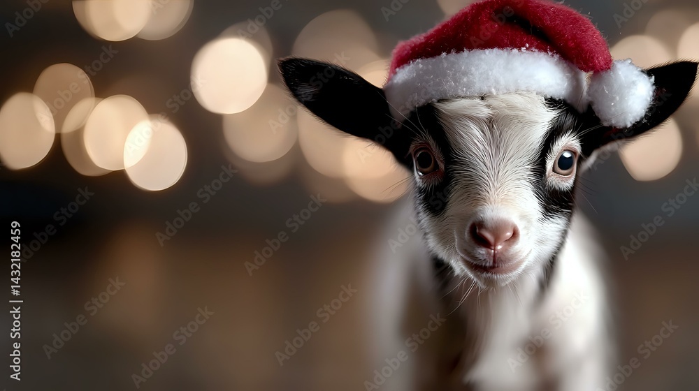 Baby goat wearing Santa hat against blurred holiday lights background, close up portrait of young black and white kid with festive Christmas headwear and sweet expression.