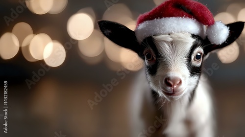Obraz na płótnie Baby goat wearing Santa hat against blurred holiday lights background, close up portrait of young black and white kid with festive Christmas headwear and sweet expression. w salonie