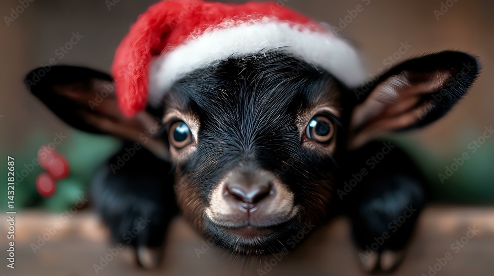 Baby black goat wearing red and white Santa hat looks directly at camera with adorable expression, close up portrait against blurred background for holiday season.