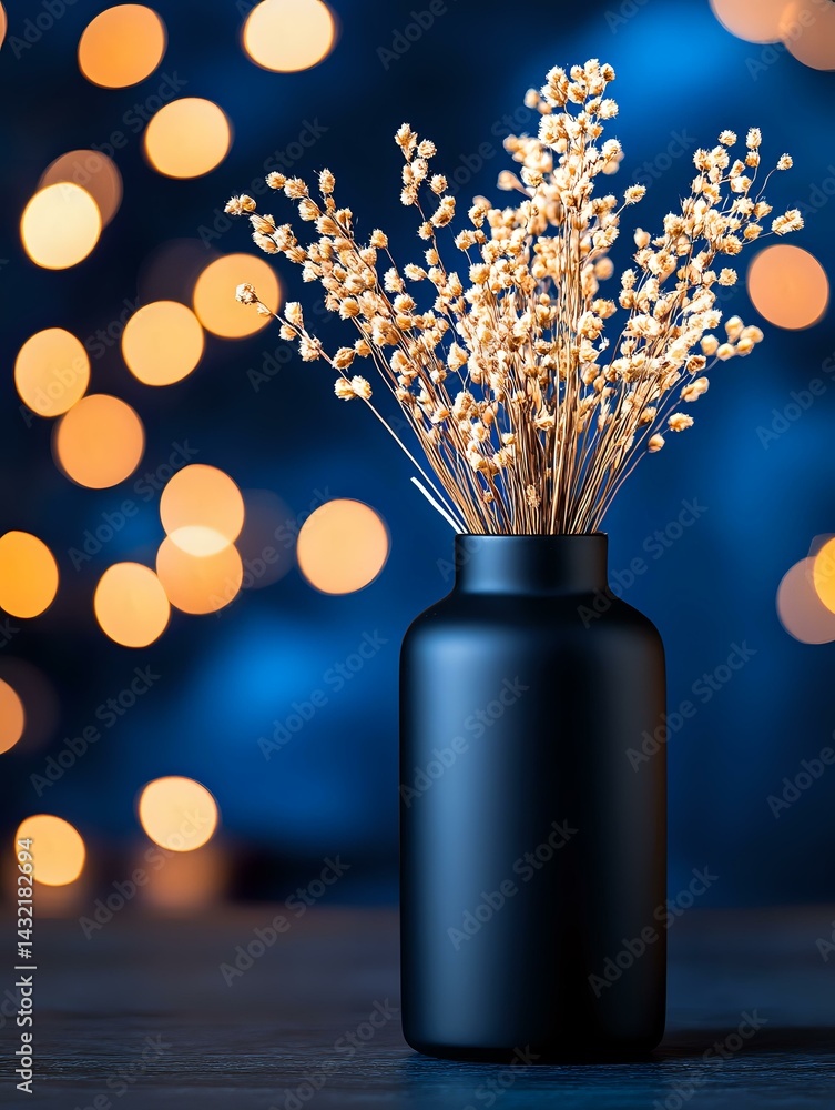 Delicate white dried flowers in matte black vase against dark blue background with golden bokeh lights creating magical festive atmosphere for holiday decor.
