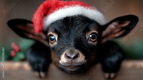 Obraz na płótnie Baby black goat wearing red and white Santa hat looks directly at camera with adorable expression, close up portrait against blurred background for holiday season. w salonie