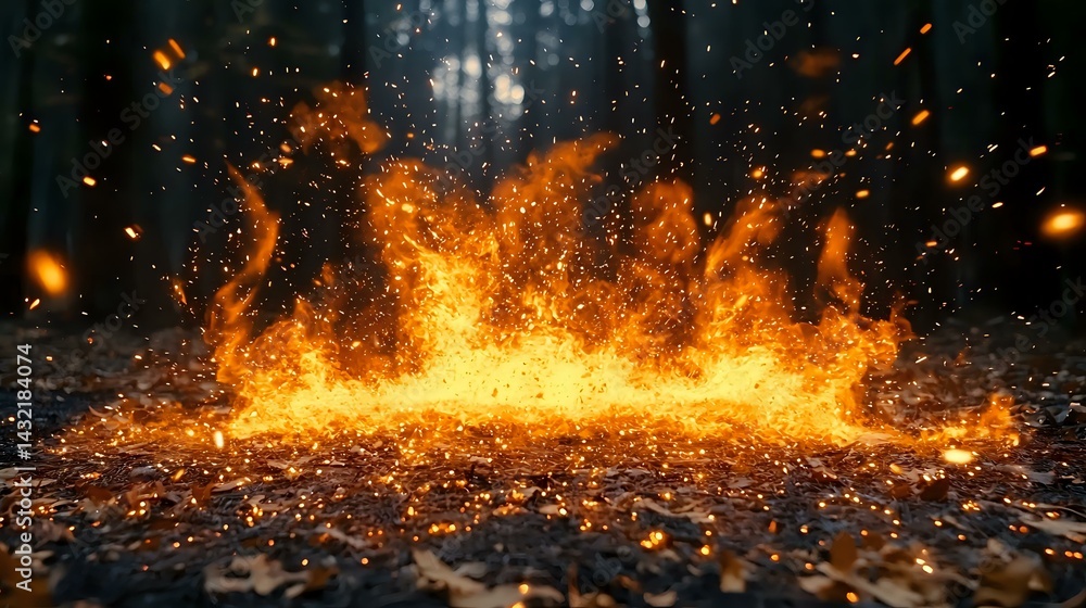 Dramatic fire explosion with burning flames and sparks spreading across dark ground surface, creating intense heat effect with glowing embers in night atmosphere. Dramatic fire explosion with burning flames and sparks spreading across dark ground surface, creating intense heat effect with glowing embers in night atmosphere.