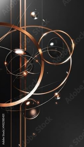 Wallpaper Mural Abstract quantum mechanics visualization copper rings and dark spheres on blurred black background, minimalist elegant design with noise. Torontodigital.ca