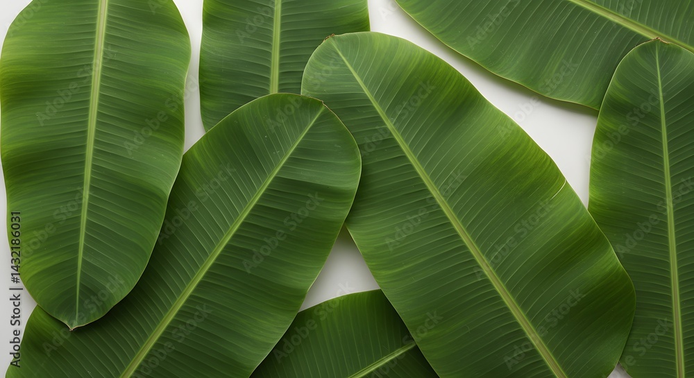 Obraz premium Green Banana Leaves Tropical Background Flat Lay on White