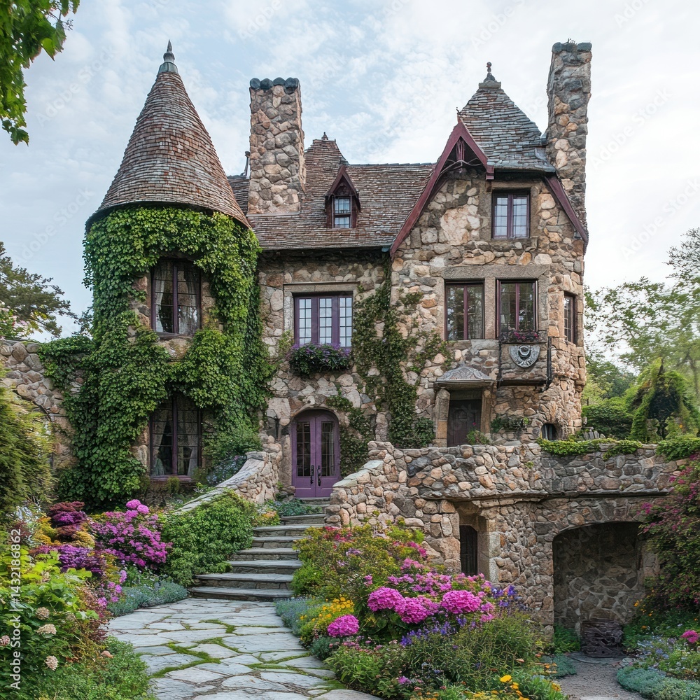 Fototapeta premium Stone house with gardens and turrets. Exterior of a fairytale-like home, nestled amidst lush greenery