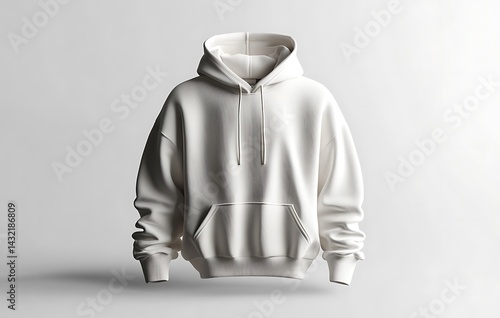 Plain White Hoodie Mockup with Front Pocket and Drawstring Hood on Simple Light Background for Apparel Branding

