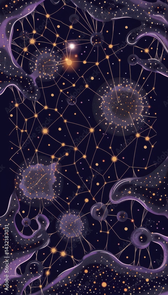 Obraz premium Midnight purple luxury grain depicts cellular patterns morphing into constellations resembling interconnected people.