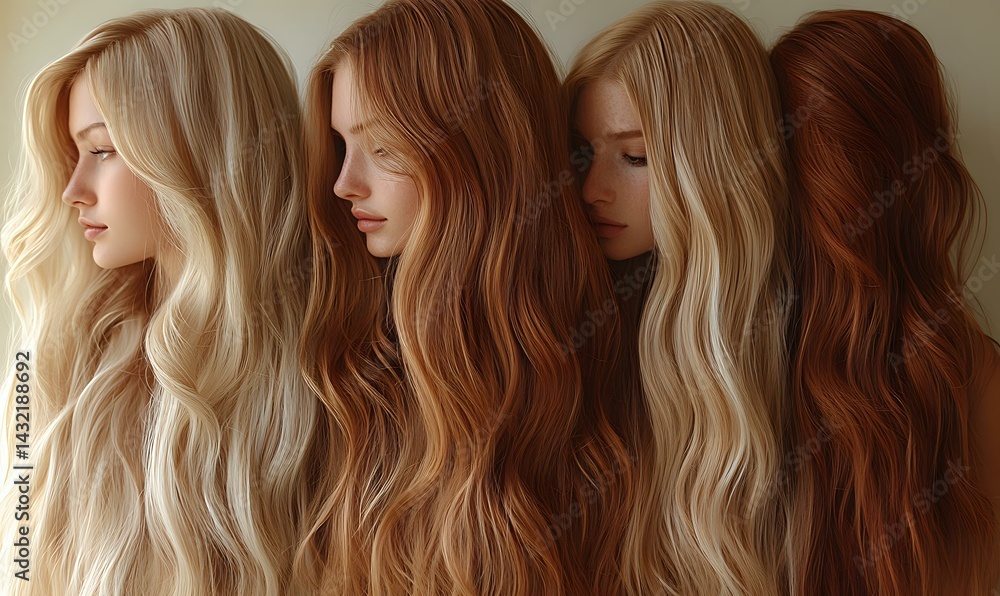 Naklejka premium Four women with different hair colors from platinum blonde to auburn red showing long wavy hairstyles in profile view against neutral background. For beauty and hair salon advertising.