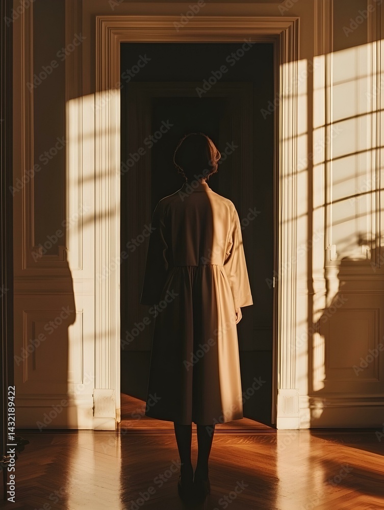 Naklejka premium Woman in beige coat standing in doorway, sunlight streams through window casting shadows. Elegant, mysterious, and moody.