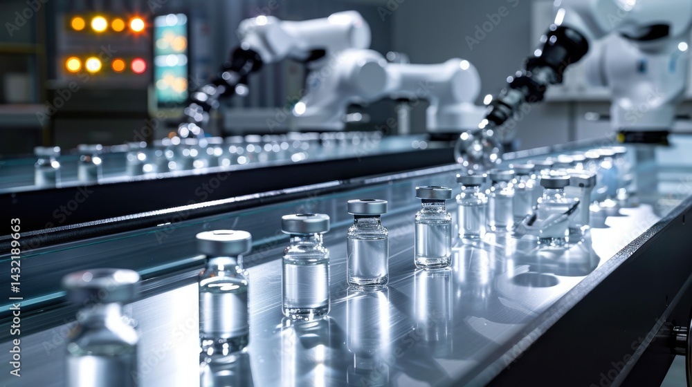 Fototapeta premium Sterile vaccine vials glide on a conveyor, robot arms above in a softly lit pharmaceutical plant; light reflects on the smooth glass vials.