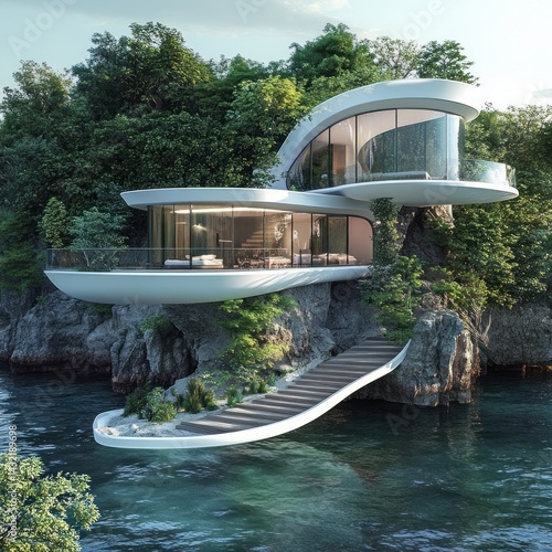 Luxurious modern home nestled on a rocky island