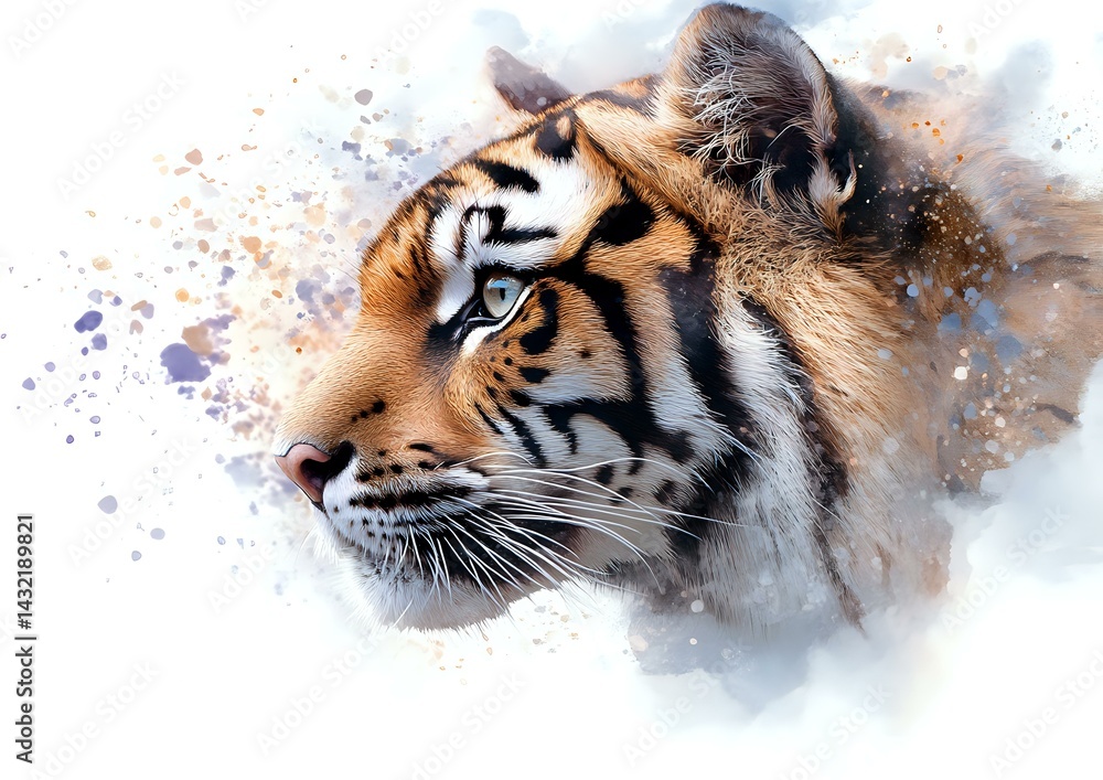 Fototapeta premium Majestic tiger head profile with watercolor splash effect on white background, showing detailed fur texture and intense gaze. Artistic wildlife illustration.