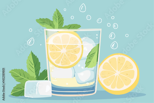 Vector illustration of refreshing summer drink with lemon, ice and mint. Perfect for menu design, packaging, stickers, food and beverage branding
